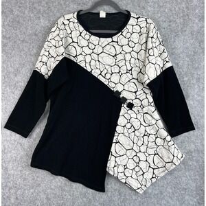 Yushi Tunic Top Womens Large Black White Asymmetrical Knit Artsy Lagenlook